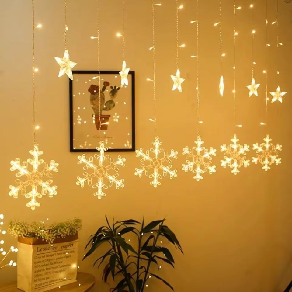 Snowflake LED String Lights Star Decorative Curtain Lights For Holiday Parties Room Decor 1set 6 snowflake and 6 stars